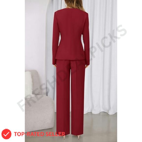 Long Sleeve Blazer Wide Leg Pant Suit Set Business Casual Elegant Minimal - Picture 6 of 8